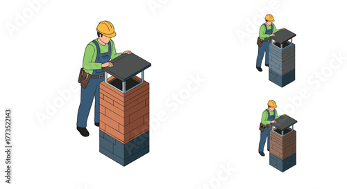 Worker building brick chimney in isometric style with construction helmet and tools