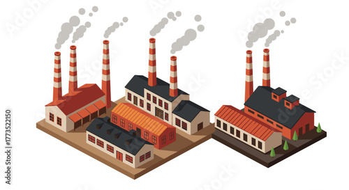 Isometric industrial factory complex with smoking chimneys and buildings