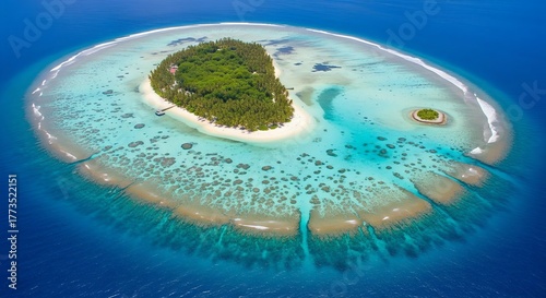 Aerial View of a Tropical Coral Atoll Island in the Maldives