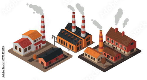 Isometric industrial buildings with smokestacks and rooftop details