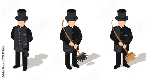 Isometric chimney sweep characters in victorian attire with top hats and brooms