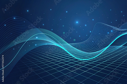 Abstract technology background with a digital wave over a grid. This futuristic blue vector concept illustrates data, science, or a virtual cyber space landscape.