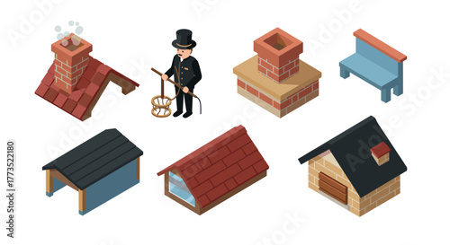 Chimney sweep isometric set tools, roofs, and chimneys collection