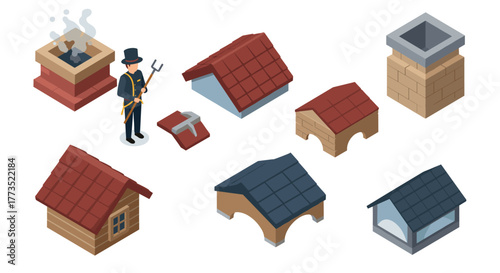 Isometric chimney sweep and roof elements set with character and houses
