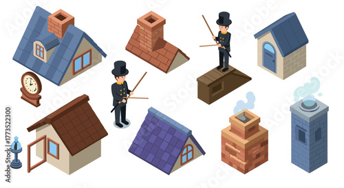 Chimney sweeper figures and roofs in isometric style with vintage elements