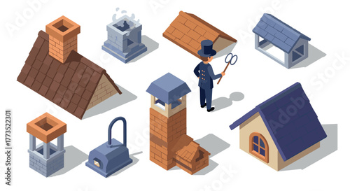 Isometric rooftop and chimney designs with chimney sweep