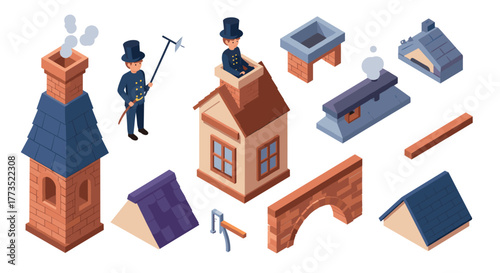 Chimney sweep and fireplace elements in isometric style