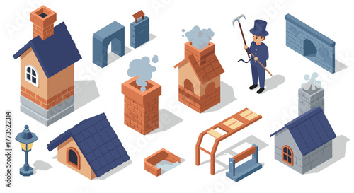 Isometric chimney sweep elements set with rooftops and tools