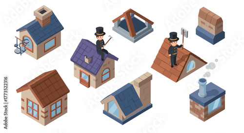 Chimney sweep cartoon characters on various house roofs in isometric style