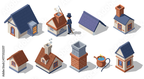 Isometric chimney set with diverse roofs and chimney sweep