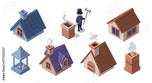 Isometric chimney sweep and houses collection with smoke detail