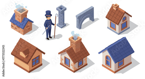 Isometric chimney sweeper and cottage architecture elements collection