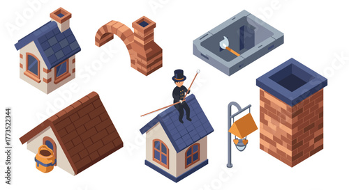 Isometric chimney sweep elements with house, brick chimney, and tools