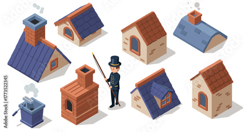 Isometric chimneys and roofs with chimney sweep character in classic attire