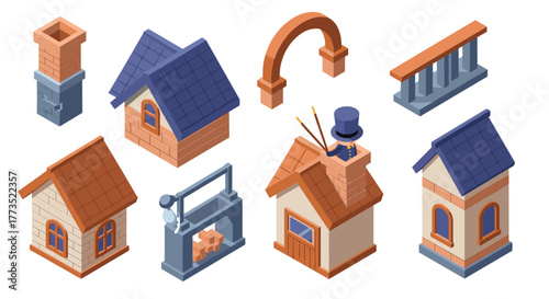 Isometric architectural elements with classic and modern styles
