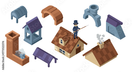Isometric chimney sweep and roof elements with smoke in a charming 3d style