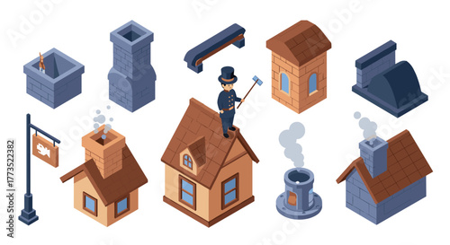 Chimney sweep and roof elements in isometric style with vintage charm