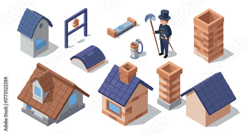 Isometric chimney sweep tools and brick roofs collection