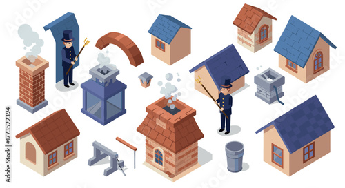 Isometric chimney sweeper and house elements collection for construction and maintenance concepts