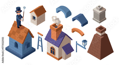 Isometric chimney sweep with roof elements and accessories for design projects