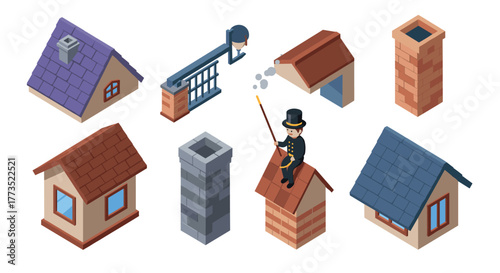 Chimney sweeper and rooftop elements in isometric style for architecture and home design