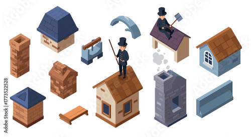 Isometric chimney sweeper scene with rooftops and chimneys
