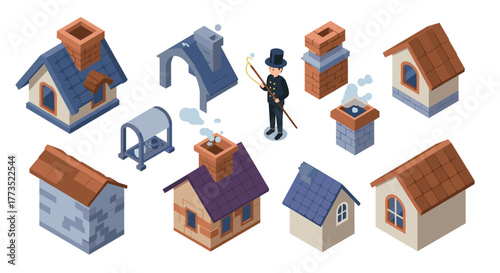Chimney sweep and cozy houses collection in isometric style