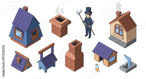 Chimneys and chimney sweep classic isometric design with roofs and houses