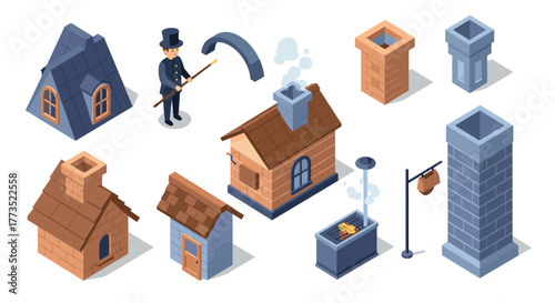 Isometric chimney sweep and chimney set with smoky roofs and brick structures