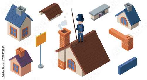 Isometric chimney sweep on roof with various architectural elements
