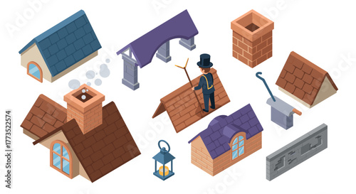Isometric rooftop elements and chimney sweep collection