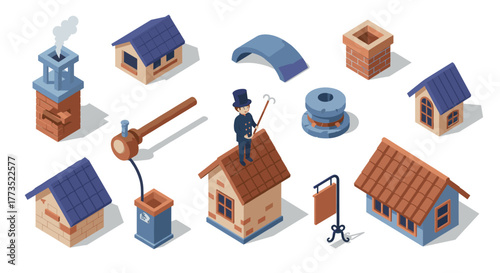 Charming chimney sweep isometric design with brick houses and tools