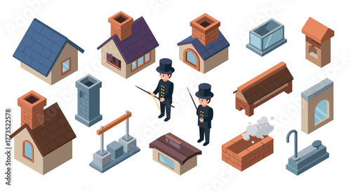 Isometric chimney sweep and rooftop components set with traditional houses