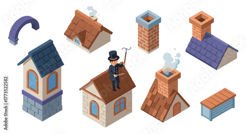Chimney sweep and rooftops isometric cottage and architecture collection