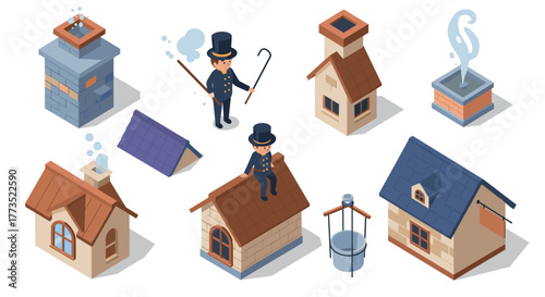Isometric chimney sweep and houses vintage architecture and classic roofing