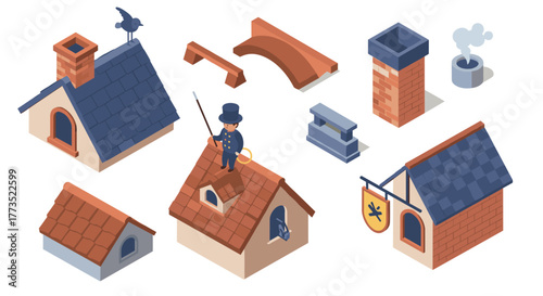 Charming isometric village elements with roofs and chimneys
