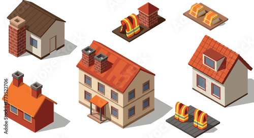 Isometric architectural elements and rooftops collection for construction design