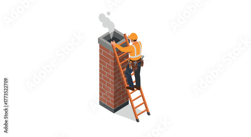 Professional worker inspecting chimney on ladder in isometric view