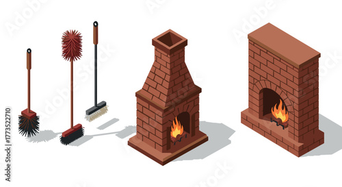 Isometric brick fireplace with fire and chimney sweeping brushes