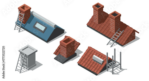 Isometric roof and chimney designs with ladders in modern flat style