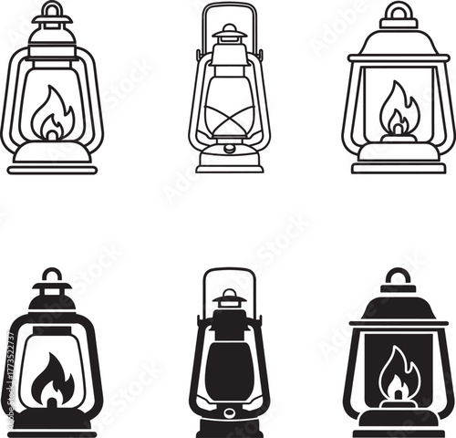 Collection of vintage kerosene lanterns with glowing flames in line art and silhouette style