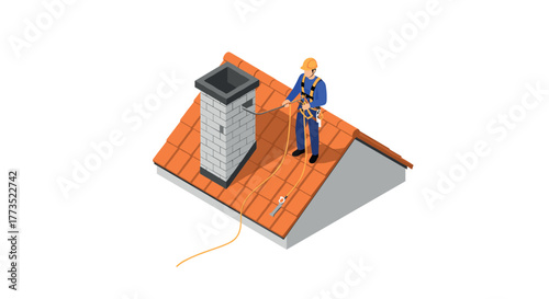 Worker in safety gear inspecting chimney on tiled roof in isometric style