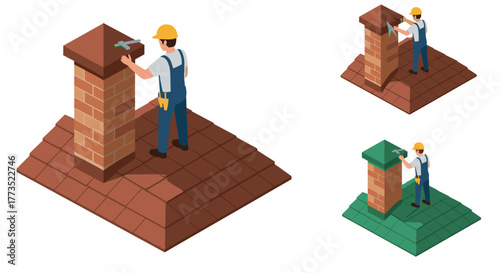 Roofer repairing chimney on roof in isometric style with three color variants