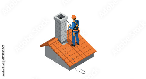 Chimney worker in safety gear on roof engaged in repair activity