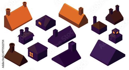 Isometric roof designs in vibrant colors for architectural concepts