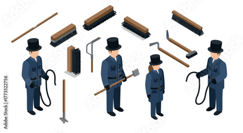 Isometric chimney sweep tools and workers in uniform with top hats