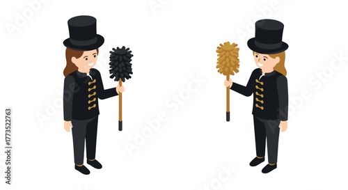 Isometric chimney sweepers in uniform with brushes and top hats