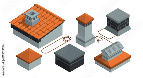Isometric chimney set with orange tiled roofs and architectural elements