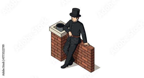 Chimney sweep in top hat leaning on brick chimney in isometric style