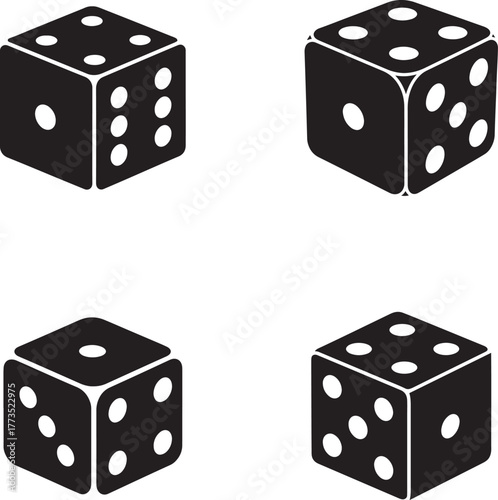 Four black dice showing different numbers against a white background